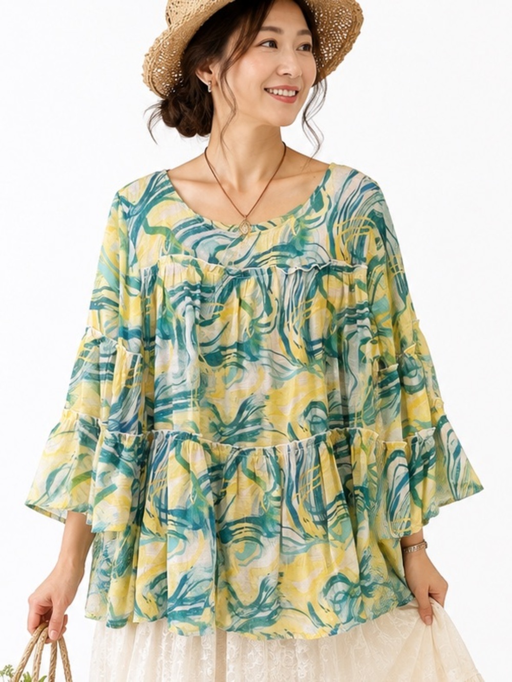 Cocomo 2X blouse yellow blue abstract swirl tiered bell sleeves boho cottage